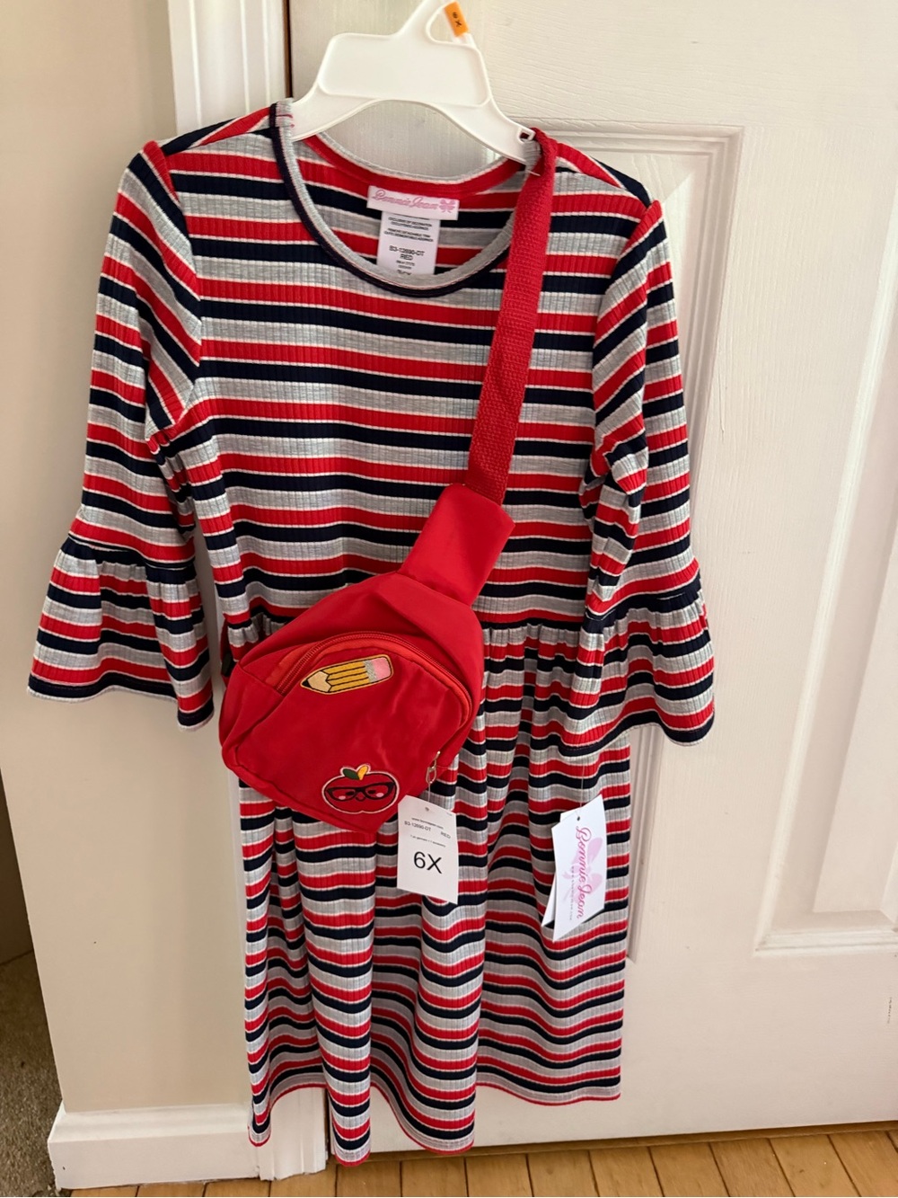 Bonnie Jean Navy Red Cream Striped Knit Dress with Red Crossbody Bag